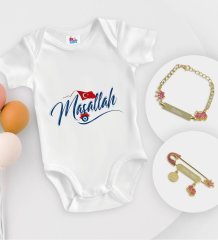 BK Kids Kişiye Özel Maşallah Tasarımlı Beyaz Bebek Body Zıbın Kız Bebek Künyesi ve İğnesi Hediye Seti-3