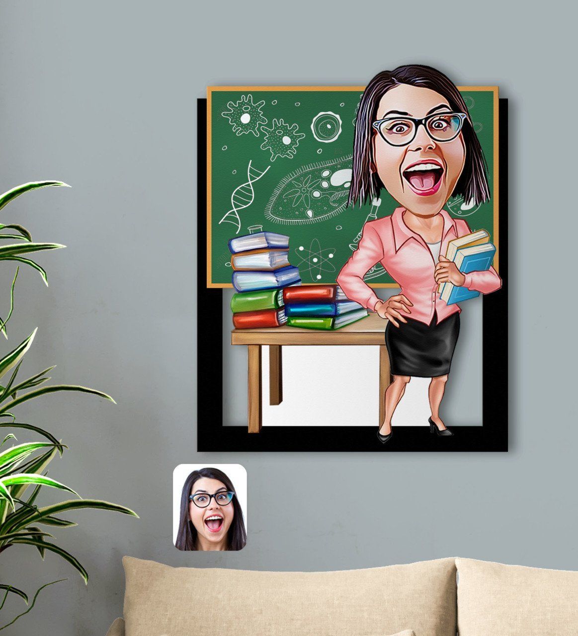 Kişiye Özel Kadın Biyoloji Öğretmeni Karikatürlü 3D Ahşap Tablo-1