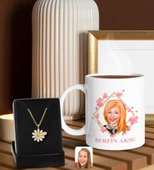 BK Gift Kişiye Özel Anneler Günü Karikatürlü Beyaz Kupa ve Papatya Kolye Hediye Seti, Anneler Günü Hediyeleri, Anneye Hediye-4
