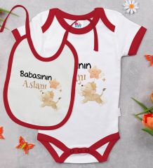 BK Kids Babasının Aslanı Tasarımlı Kırmızı Bebek Body Zıbın ve Mama Önlüğü Hediye Seti-1