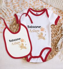 BK Kids Babasının Aslanı Tasarımlı Kırmızı Bebek Body Zıbın ve Mama Önlüğü Hediye Seti-1
