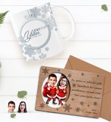 Kişiye Özel Mutlu Yıllar Kupa Bardak ve Retro Ahşap Yılbaşı Tebrik Kartı Hediye Seti-3E