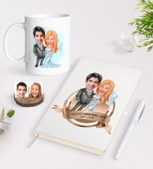Kişiye Özel Yılın En Mükemmel Çifti Karikatürlü Beyaz Defter Kalem ve Kupa Seti-70