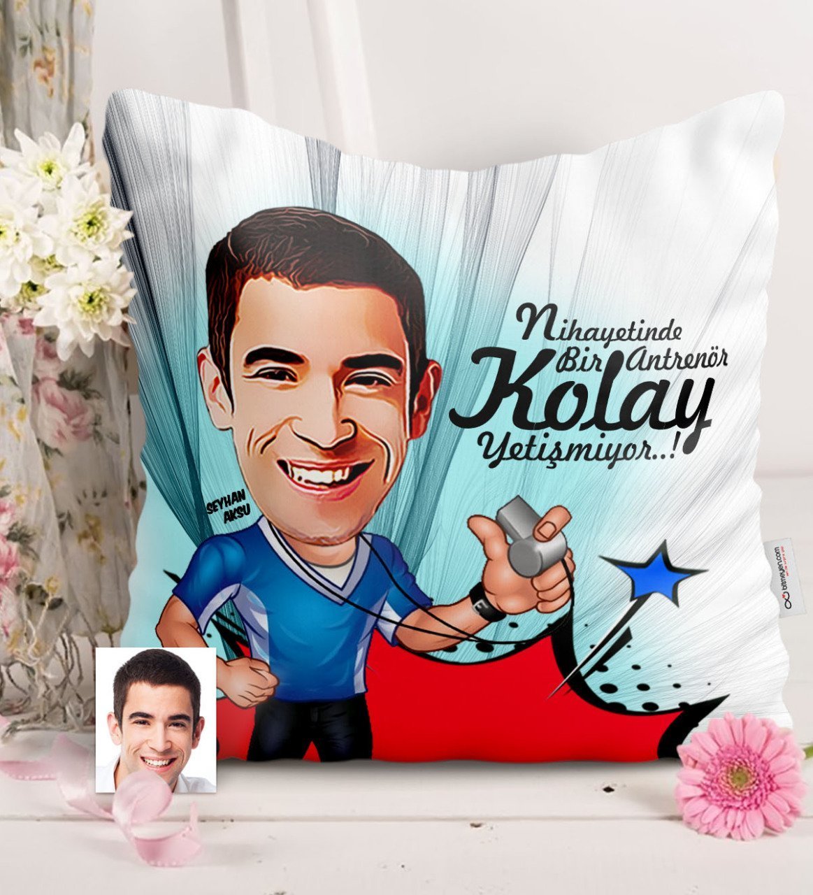 Kişiye Özel Bay Antrenör Karikatürlü Saten Yastık - 1