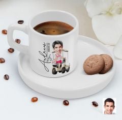 BK Gift Kişiye Özel Sunum Tabaklı Erkek Golf Oyuncusu Karikatürlü Kahve Fincanı-6, Sevgiliye Hediye, Aileye Hediye, Arkadaşa Hediye