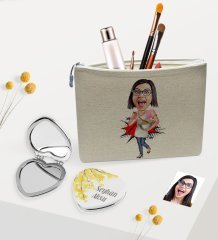 Kişiye Özel Ev Hanımı Anne Karikatürlü Keten Makyaj Çantası ve Kalp Ayna Seti-3