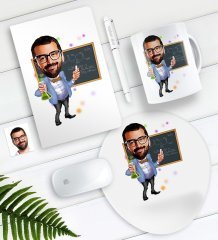 Kişiye Özel Bay Kimya Öğretmeni Karikatürlü Defter Kalem Kupa Mouse Pad Seti-1