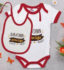 BK Kids Babası Aslan Oğlu Tasarımlı Kırmızı Bebek Body Zıbın ve Mama Önlüğü Hediye Seti-1