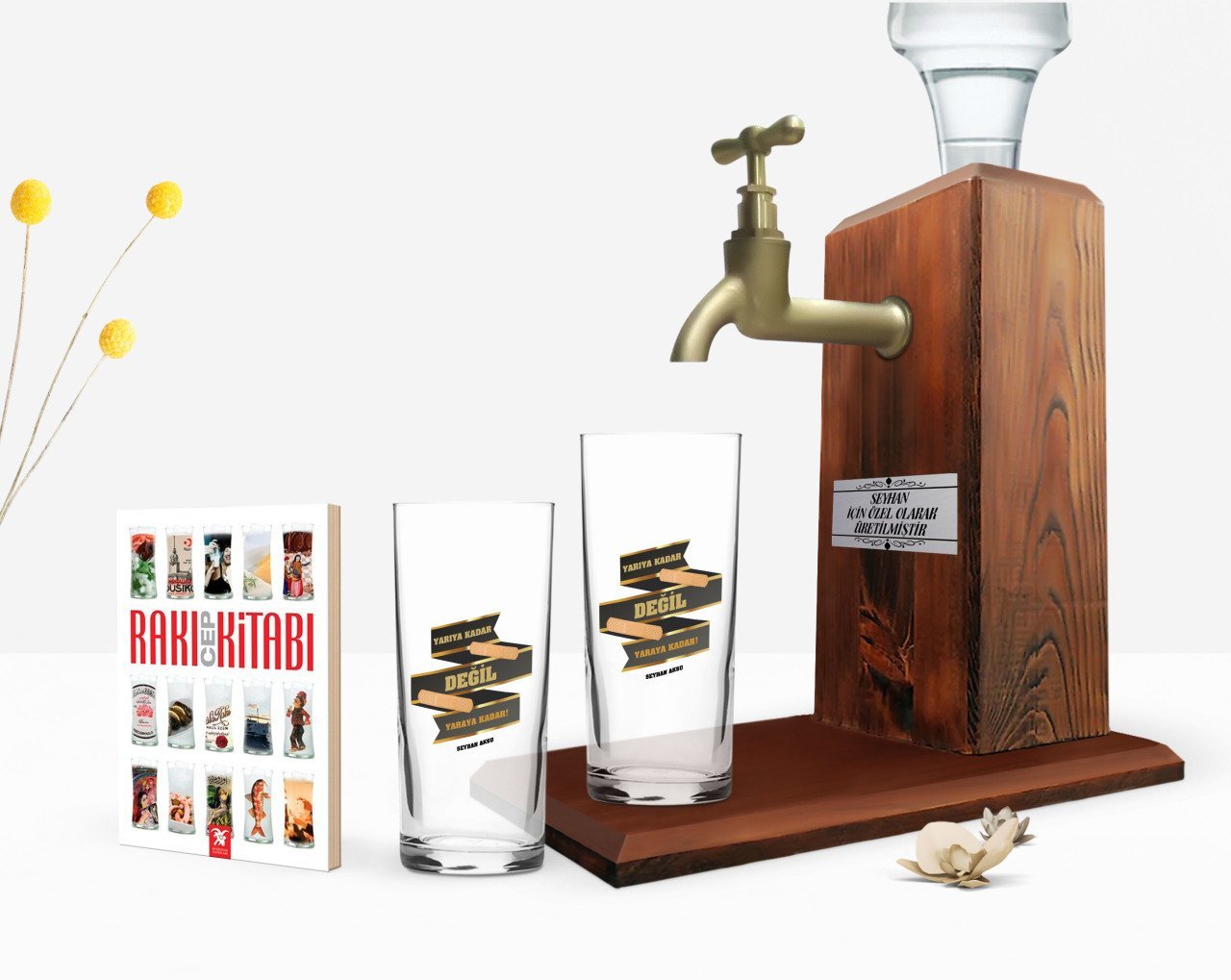 Kişiye Özel Renkli Baskılı Yarıya Kadar Değil Yaraya Kadar Tasarımlı İkili Rakı Bardağı Ahşap Rakı Standı ve Cep Kitabı Hediye Seti-6