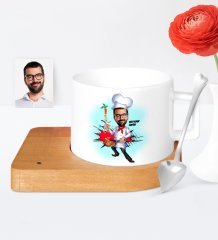 Kişiye Özel Chef Karikatür Ahşap Altlıklı Seramik Fincan - 1