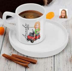 BK Gift Kişiye Özel Sunum Tabaklı Kadın Golf Oyuncusu Karikatürlü Kahve Fincanı-5, Sevgiliye Hediye, Aileye Hediye, Arkadaşa Hediye