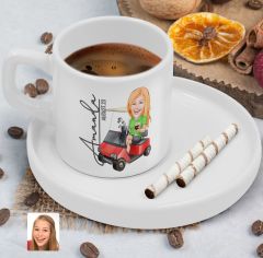 BK Gift Kişiye Özel Sunum Tabaklı Kadın Golf Oyuncusu Karikatürlü Kahve Fincanı-5, Sevgiliye Hediye, Aileye Hediye, Arkadaşa Hediye