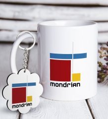 Kişiye Özel Mondrian Tasarımlı Beyaz Kupa ve Anahtarlık Hediye Seti