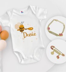 BK Kids Kişiye Özel Maşallah Tasarımlı Beyaz Bebek Body Zıbın Kız Bebek Künyesi ve İğnesi Hediye Seti-1