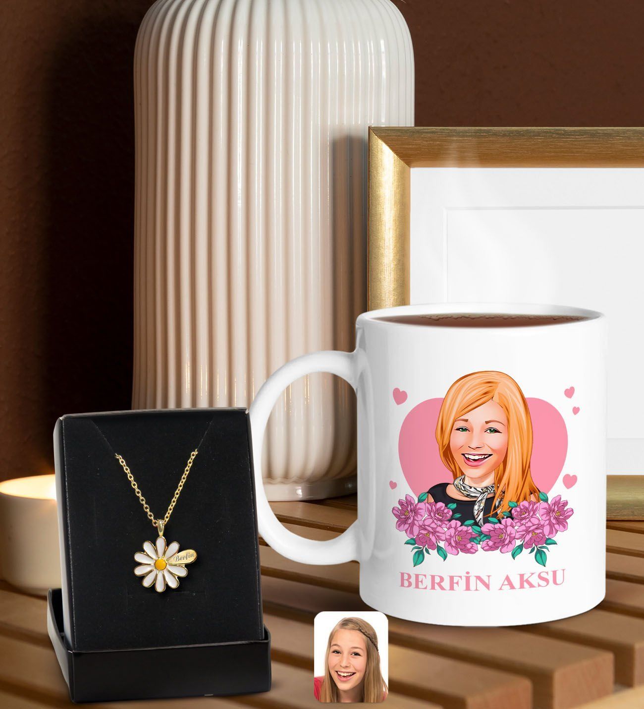 BK Gift Kişiye Özel Anneler Günü Karikatürlü Beyaz Kupa ve Papatya Kolye Hediye Seti, Anneler Günü Hediyeleri, Anneye Hediye-2