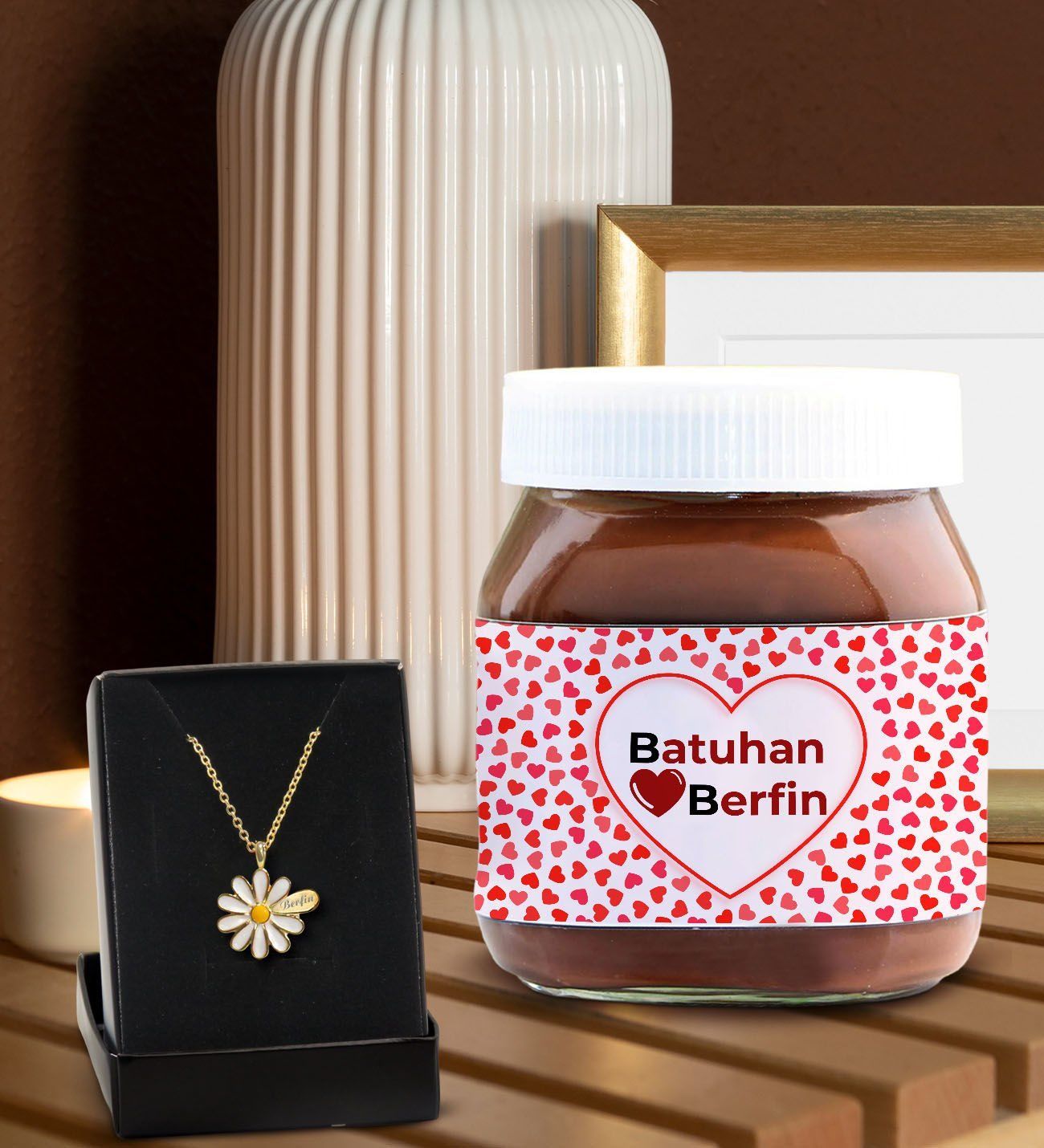 BK Gift Sevgiliye Özel İsimli Papatya Kolye ve Nutella 400gr. Hediye Seti, Sevgililer Günü Hediye, Doğum Günü Hediyesi, Sevgiliye Hediye-5