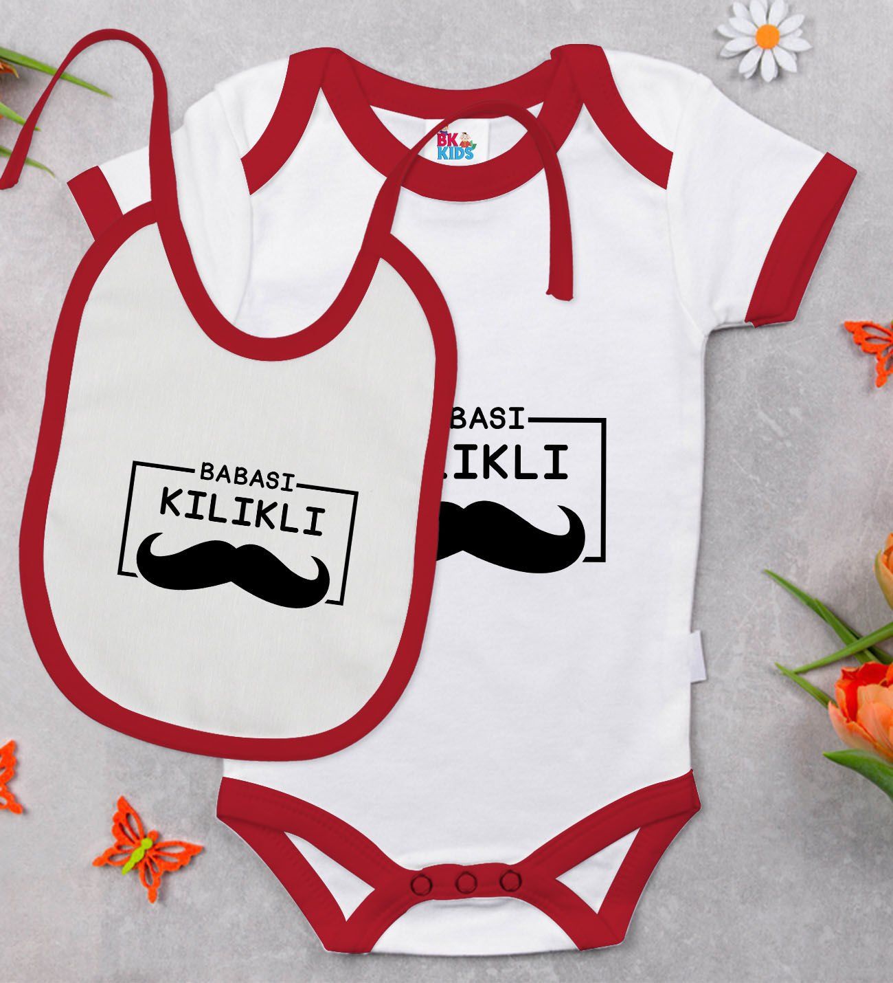 BK Kids Babası Kılıklı Tasarımlı Kırmızı Bebek Body Zıbın ve Mama Önlüğü Hediye Seti-1