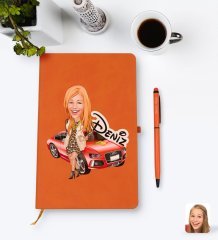 Kişiye Özel Kadın Patron Karikatürlü Turuncu Termo Deri Defter Kalem Seti Model 2