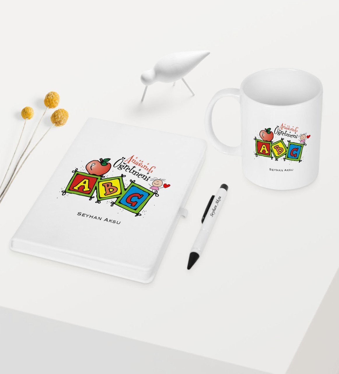 Kişiye Özel Anasınıfı Öğretmeni Temalı Beyaz Defter Kalem Kupa Seti - 1