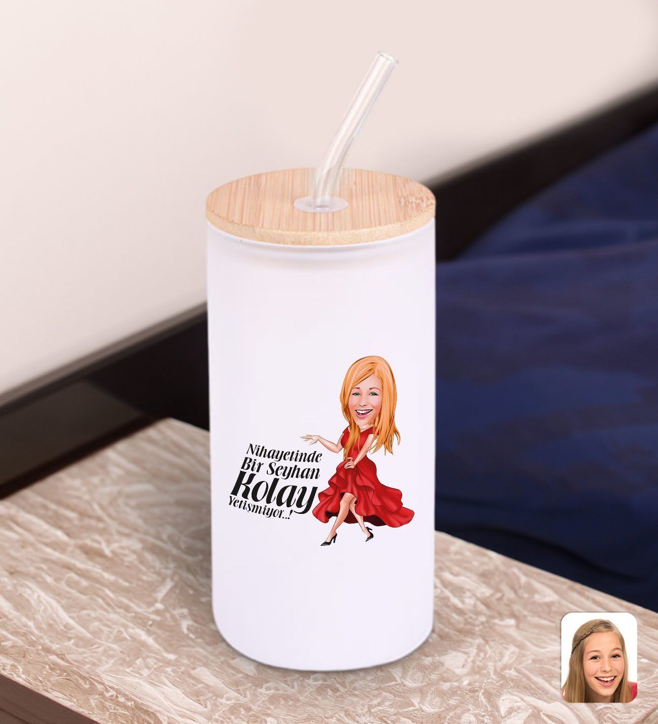BK Gift Karikatürlü Beyaz Renk Pipetli Buzlu Cam Bardak 600ml - 3, Arkadaşa Hediye, Doğum Günü Hediyesi