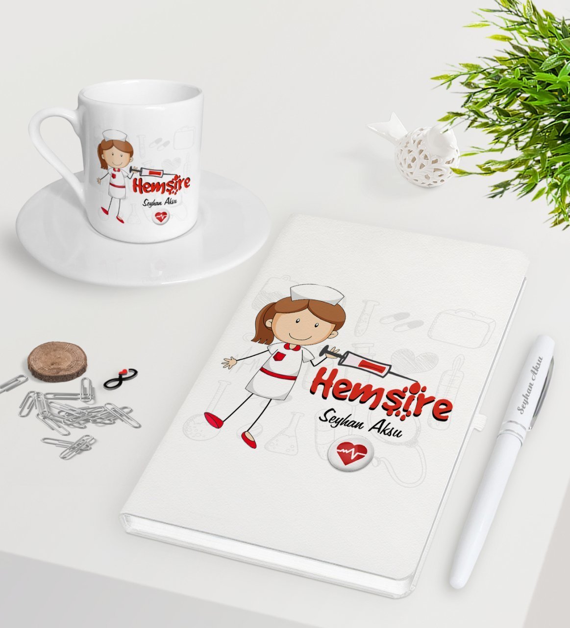 Kişiye Özel Hemşire Beyaz Defter Kalem Türk Kahvesi Fincanı Seti-5