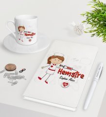 Kişiye Özel Hemşire Beyaz Defter Kalem Türk Kahvesi Fincanı Seti-5