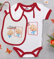 BK Kids Babamın Kopyasıyım Tasarımlı Kırmızı Bebek Body Zıbın ve Mama Önlüğü Hediye Seti-1