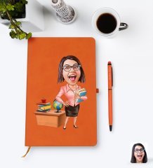 Kişiye Özel Kadın Öğretmen Karikatürlü Turuncu Termo Deri Defter Kalem Seti Model 5