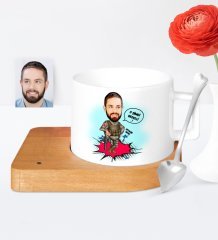 Kişiye Özel Bedelli Asker Karikatür Ahşap Altlıklı Seramik Fincan - 1