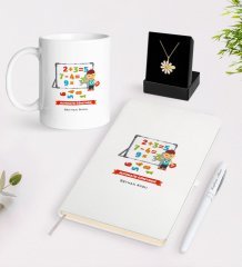 Kişiye Özel Matematik Öğretmeni Beyaz Kupa Defter Kalem ve İsimli Papatya Kolye Hediye Seti-5