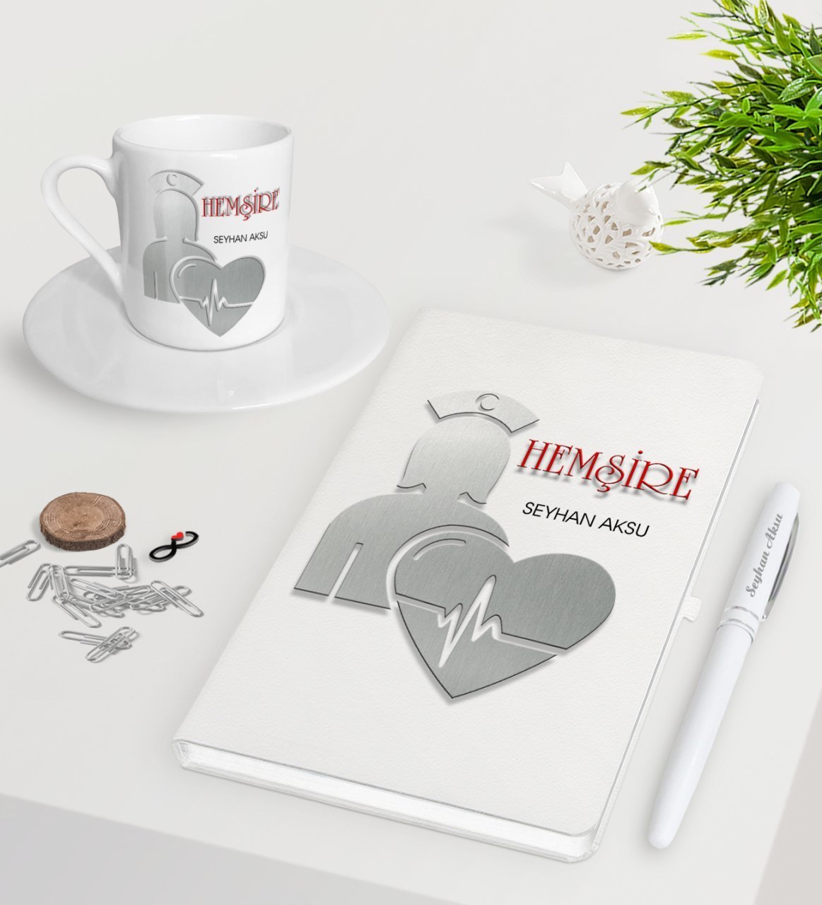 Kişiye Özel Hemşire Beyaz Defter Kalem Türk Kahvesi Fincanı Seti-4