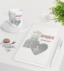 Kişiye Özel Hemşire Beyaz Defter Kalem Türk Kahvesi Fincanı Seti-4