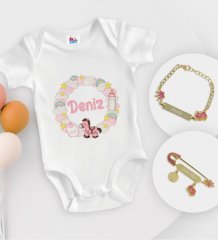 BK Kids Kişiye Özel İsimli Beyaz Bebek Body Zıbın Kız Bebek Künyesi ve İğnesi Hediye Seti-24