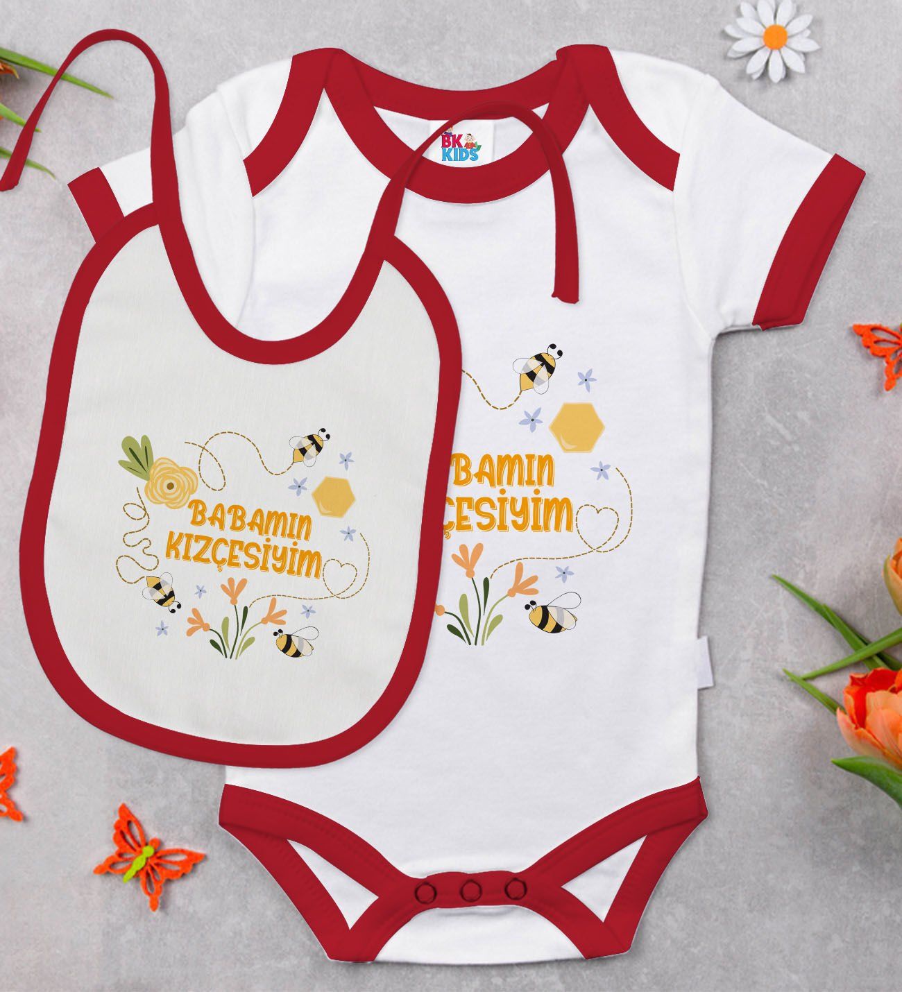 BK Kids Babamın Kızçesiyim Tasarımlı Kırmızı Bebek Body Zıbın ve Mama Önlüğü Hediye Seti-1