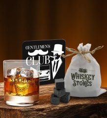 BK Gift Kişiye Özel Viski Bardağı Ahşap Bardak Altlığı ve 6’lı Granit Viski Taşı Hediye Seti - Model 6