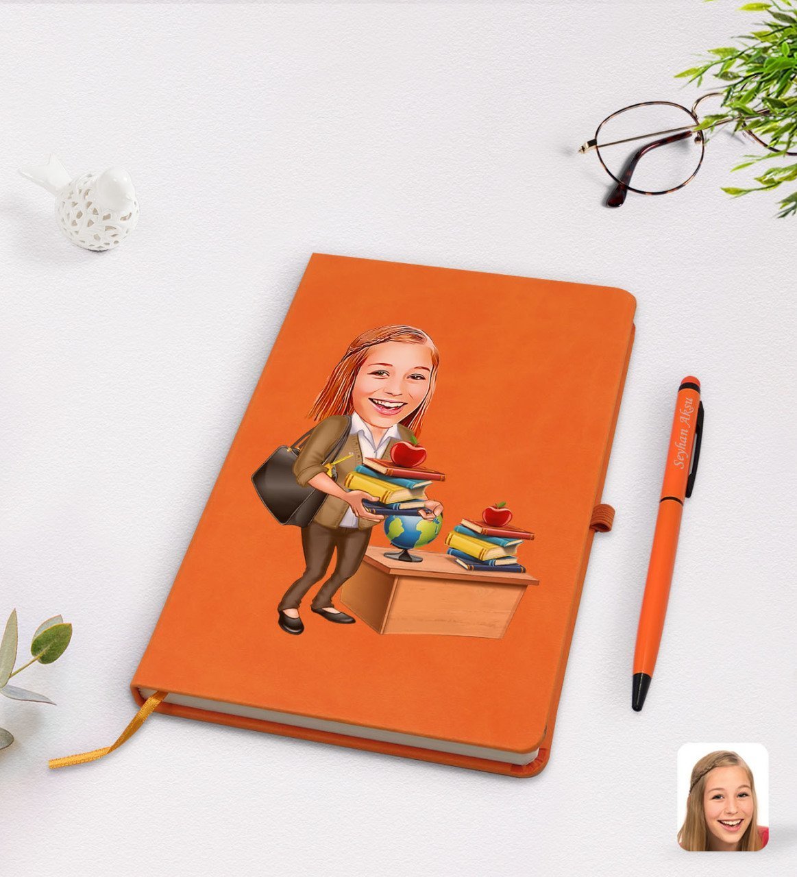 Kişiye Özel Kadın Öğretmen Karikatürlü Turuncu Termo Deri Defter Kalem Seti Model 4