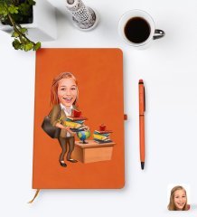 Kişiye Özel Kadın Öğretmen Karikatürlü Turuncu Termo Deri Defter Kalem Seti Model 4