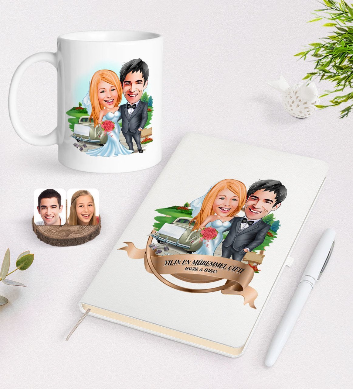 Kişiye Özel Yılın En Mükemmel Çifti Karikatürlü Beyaz Defter Kalem ve Kupa Seti-66