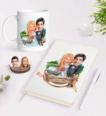 Kişiye Özel Yılın En Mükemmel Çifti Karikatürlü Beyaz Defter Kalem ve Kupa Seti-66