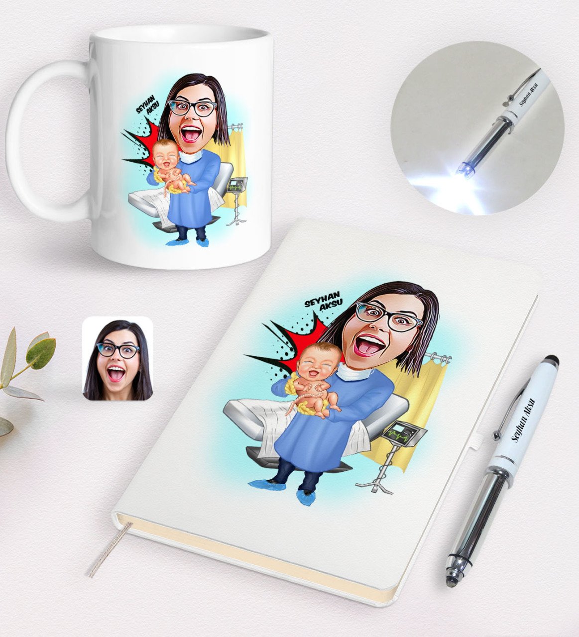 Kişiye Özel Kadın Doğum Uzmanı Karikatürlü Defter Kupa ve Dokunmatik Işıklı Kalem Seti-1