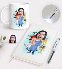 Kişiye Özel Kadın Doğum Uzmanı Karikatürlü Defter Kupa ve Dokunmatik Işıklı Kalem Seti-1