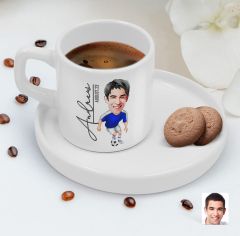 BK Gift Kişiye Özel Sunum Tabaklı Futbolcu Karikatürlü Kahve Fincanı-11, Sevgiliye Hediye, Aileye Hediye, Arkadaşa Hediye