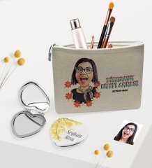 Kişiye Özel En İyi Anne Karikatürlü Keten Makyaj Çantası ve Kalp Ayna Seti