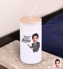 BK Gift Karikatürlü Beyaz Renk Pipetli Buzlu Cam Bardak 600ml - 1, Arkadaşa Hediye, Doğum Günü Hediyesi