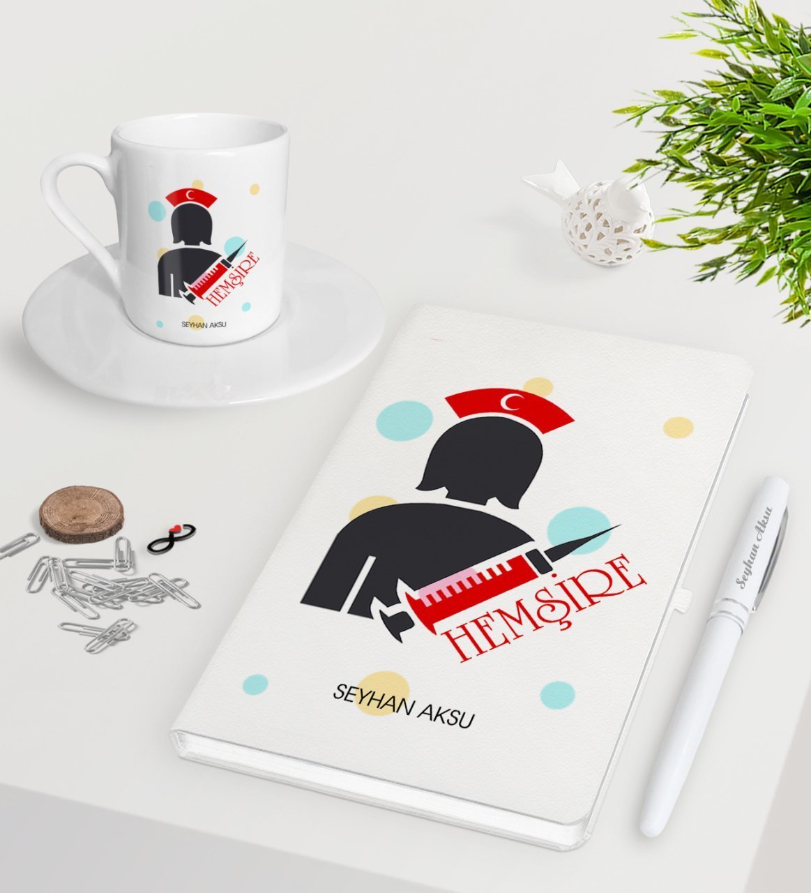Kişiye Özel Hemşire Beyaz Defter Kalem Türk Kahvesi Fincanı Seti-3