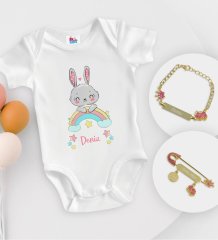 BK Kids Kişiye Özel İsimli Beyaz Bebek Body Zıbın Kız Bebek Künyesi ve İğnesi Hediye Seti-16