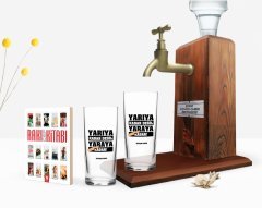 Kişiye Özel Renkli Baskılı Yarıya Kadar Değil Yaraya Kadar Tasarımlı İkili Rakı Bardağı Ahşap Rakı Standı ve Cep Kitabı Hediye Seti-2