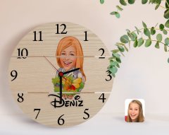 Kişiye Özel Kadın Diyetisyen Karikatürlü Otantik Ahşap Palet Saat-1