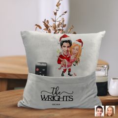 BK Gift Kişiye Özel Yılbaşı Sevgili Karikatür Tasarımlı Organizer Kumanda ve Atıştırmalık Cepli Gri Kırlent Yastık-5 Arkadaşa Hediye, Cepli Yastık
