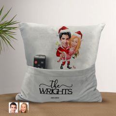 BK Gift Kişiye Özel Yılbaşı Sevgili Karikatür Tasarımlı Organizer Kumanda ve Atıştırmalık Cepli Gri Kırlent Yastık-5 Arkadaşa Hediye, Cepli Yastık